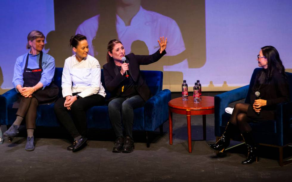 Chefs Mary Sue Milliken, from left, and Jennifer Murphy listen to chef Lorena Garcia speak duri ...