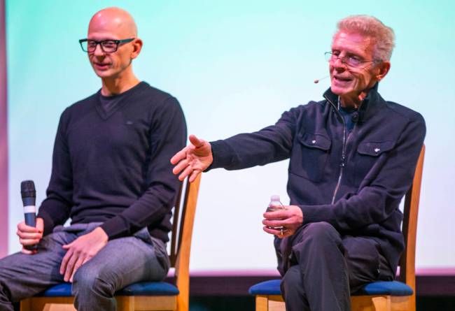 Dr. Scott Jacobson, left, and Billy Hayes answer questions during a talk on Cannabis 101 at the ...