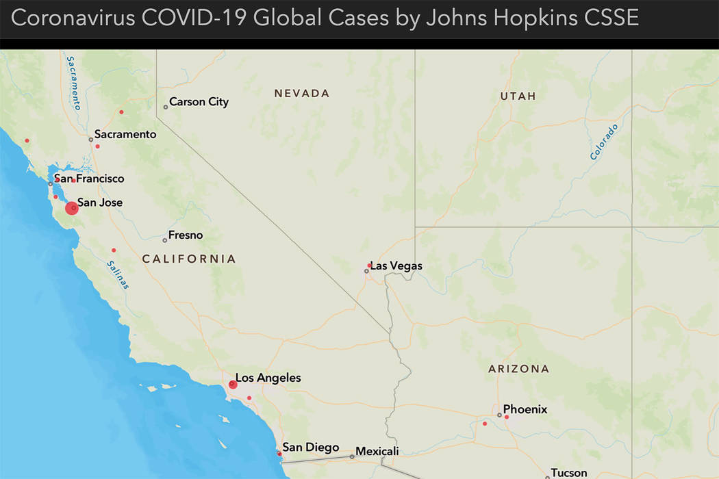 A screenshot from Johns Hopkins CSSE shows a confirmed case of coronavirus in Las Vegas. (Johns ...