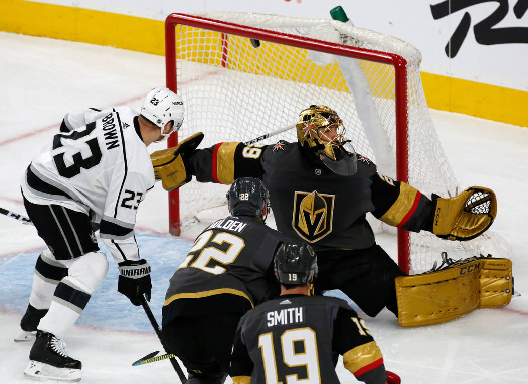 Vegas Golden Knights goaltender Marc-Andre Fleury (29) cannot make a save on a goal by Los Ange ...