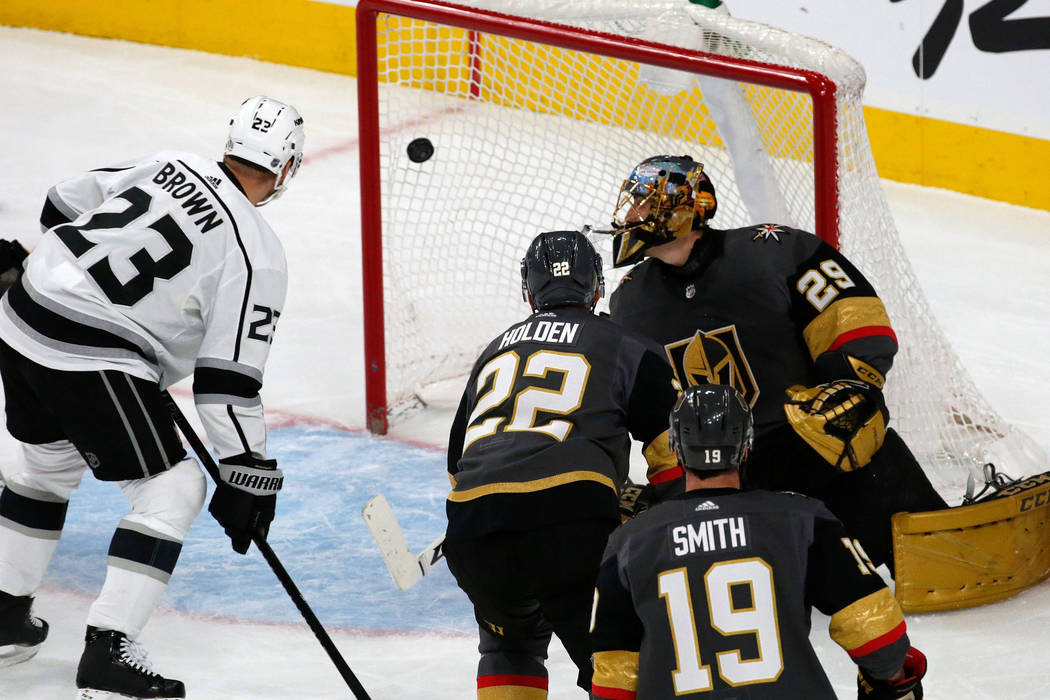 Vegas Golden Knights goaltender Marc-Andre Fleury (29) cannot make a save on a goal by Los Ange ...