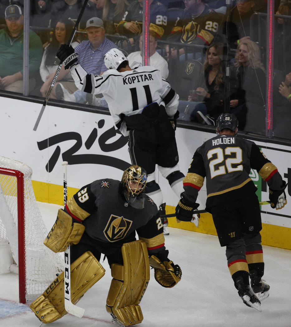 Los Angeles Kings center Anze Kopitar (11) celebrates his goal against Vegas Golden Knights goa ...