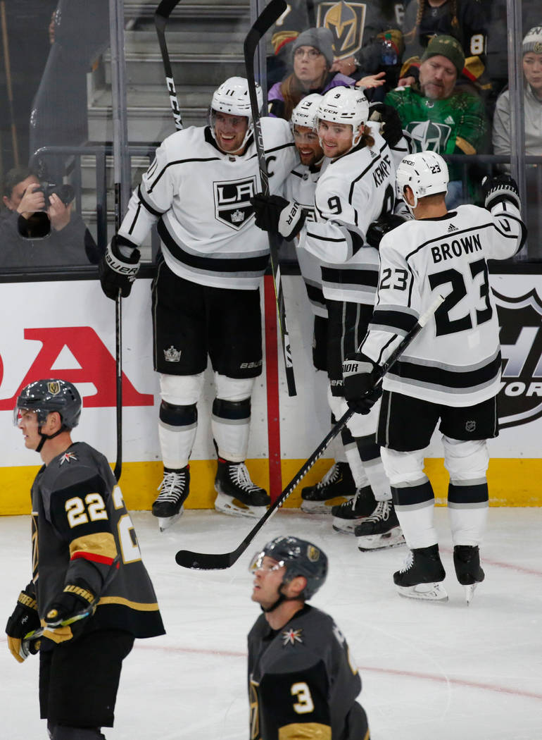 Los Angeles Kings center Anze Kopitar (11), back left, celebrates his goal against the Vegas Go ...