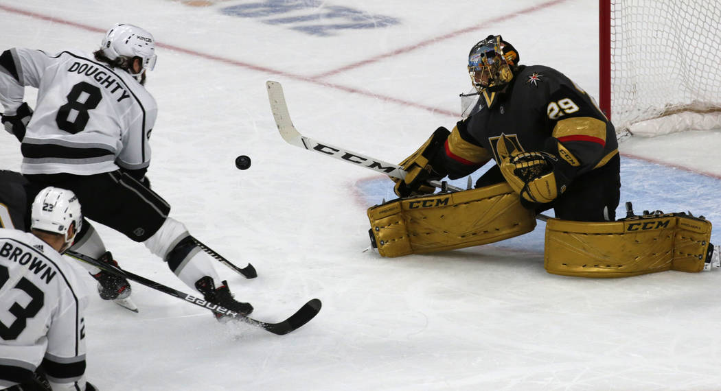 Vegas Golden Knights goaltender Marc-Andre Fleury (29) makes a save on a shot by Los Angeles Ki ...