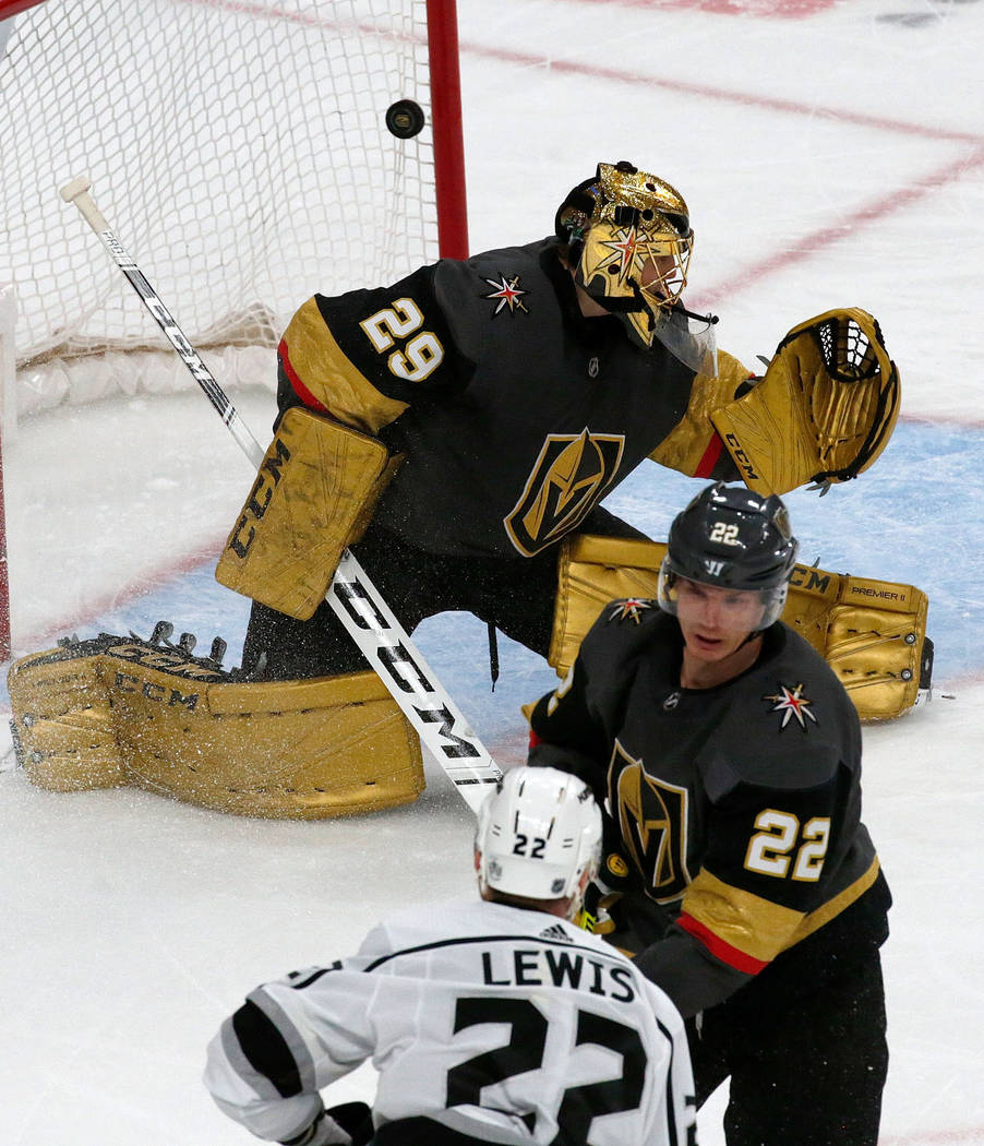 Vegas Golden Knights goaltender Marc-Andre Fleury (29) cannot make a save on a goal by Los Ange ...