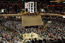 Banners are displayed on the first day of Summer Grand Sumo Tournament in Tokyo in May 2019. (Y ...