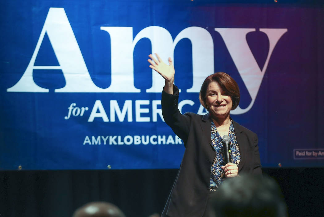 Democratic presidential candidate Minnesota Sen. Amy Klobuchar waves to her supporters after sp ...