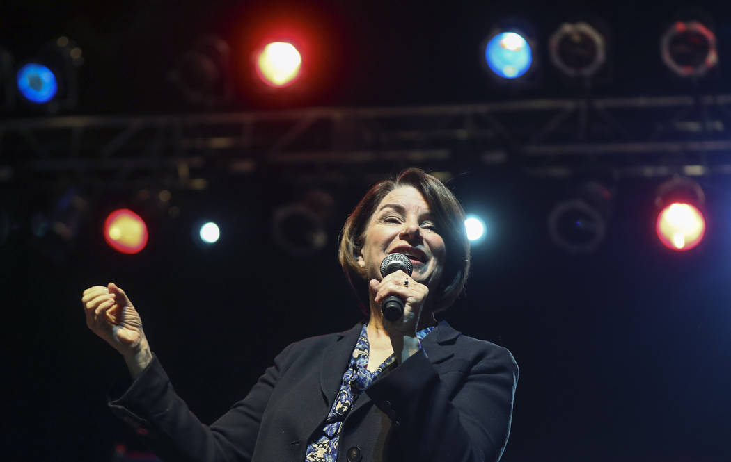Democratic presidential candidate Amy Klobuchar speaks to her supporters during a campaign rall ...