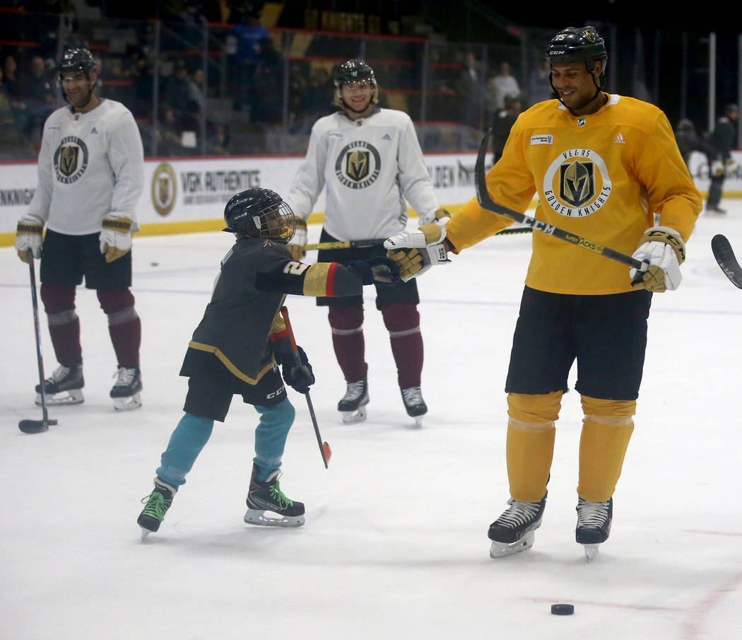 Make-A-Wish kid Arjun Jain, 12, of Somerset, N.J. fist-pumps Vegas Golden Knights right wing Ry ...