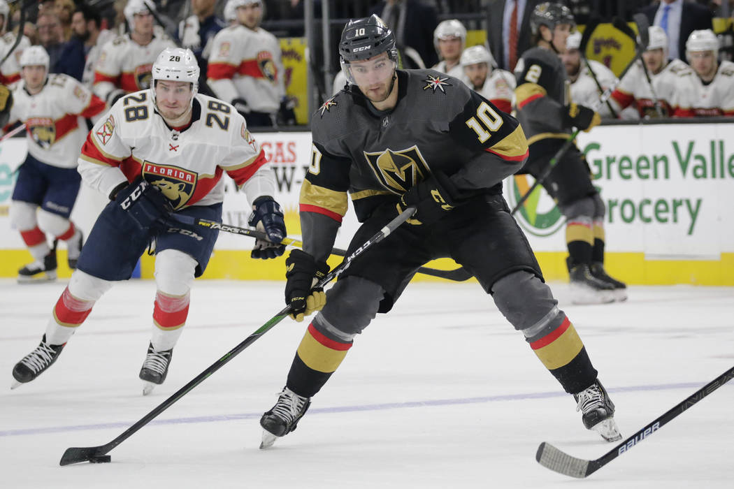Vegas Golden Knights center Nicolas Roy (10) controls the puck during the second period of an N ...