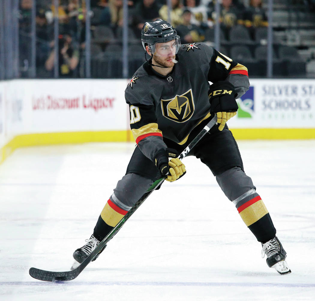 Vegas Golden Knights's Nicolas Roy plays against the Buffalo Sabres in an NHL hockey game Frida ...