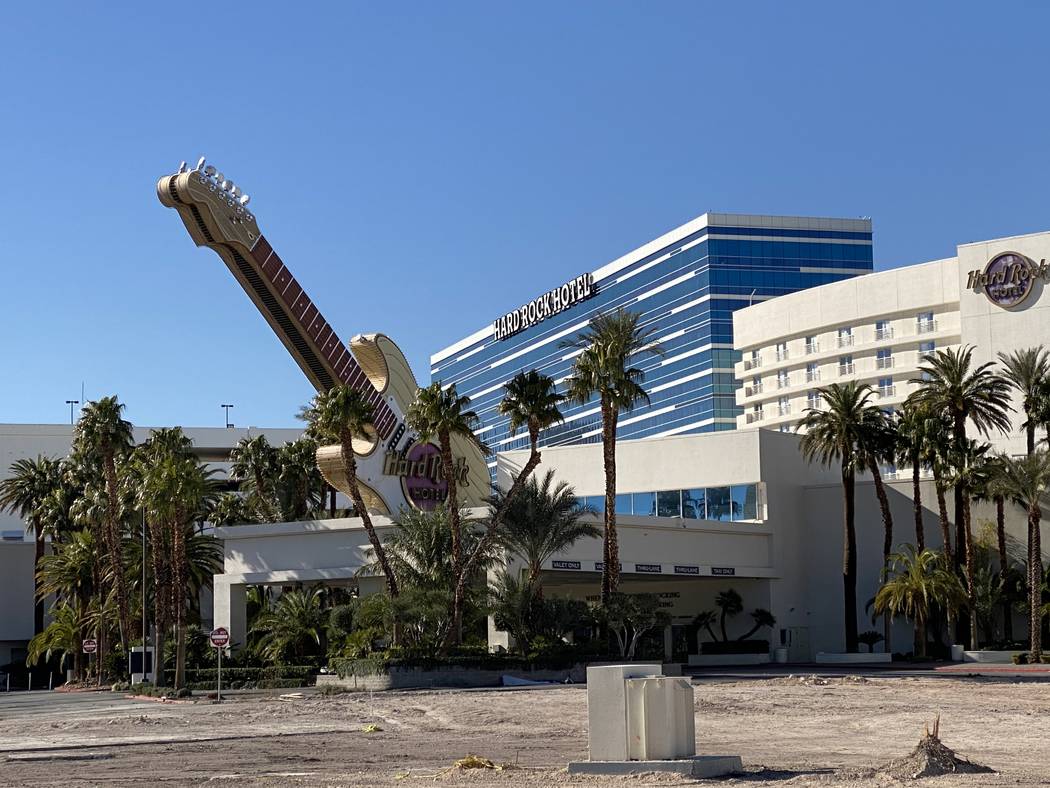 The guitar sign at the entrance of the now-closed Hard Rock Hotel is shown on Wednesday, Feb. 1 ...