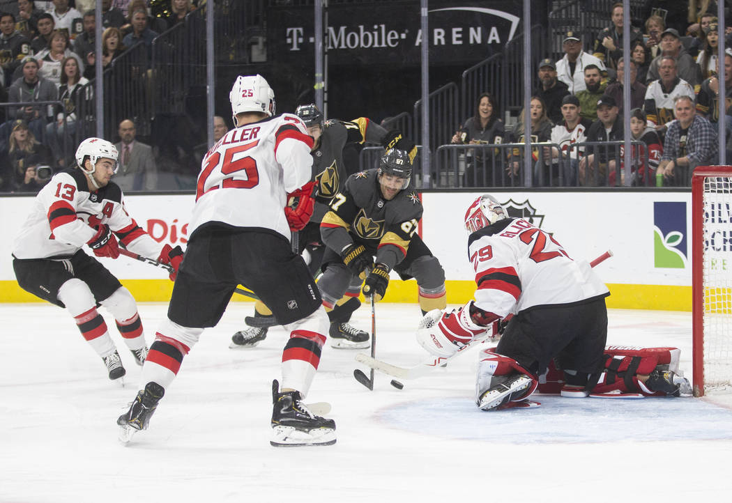 New Jersey Devils goaltender Mackenzie Blackwood (29) makes a save against Vegas Golden Knights ...