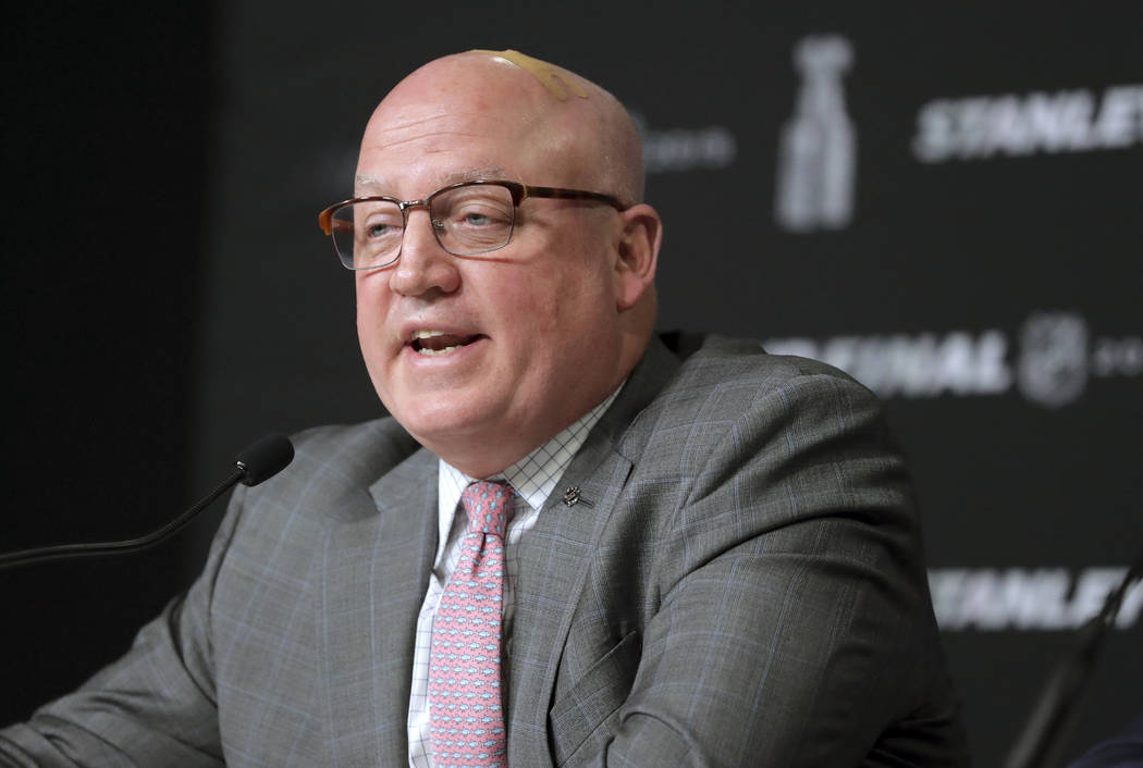 NHL Deputy Commissioner Bill Daly speaks to the media before Game 1 of the NHL hockey Stanley C ...