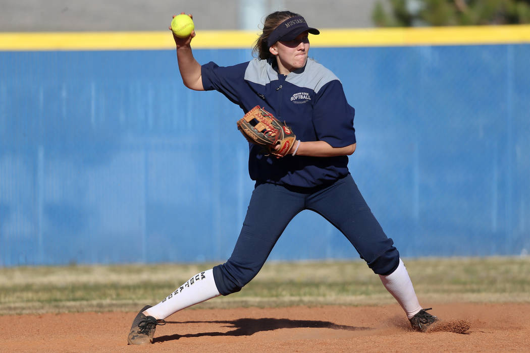 Shadow Ridge's Hailey Morrow, 16, gets ready to throw the ball during a softball practice at Sh ...