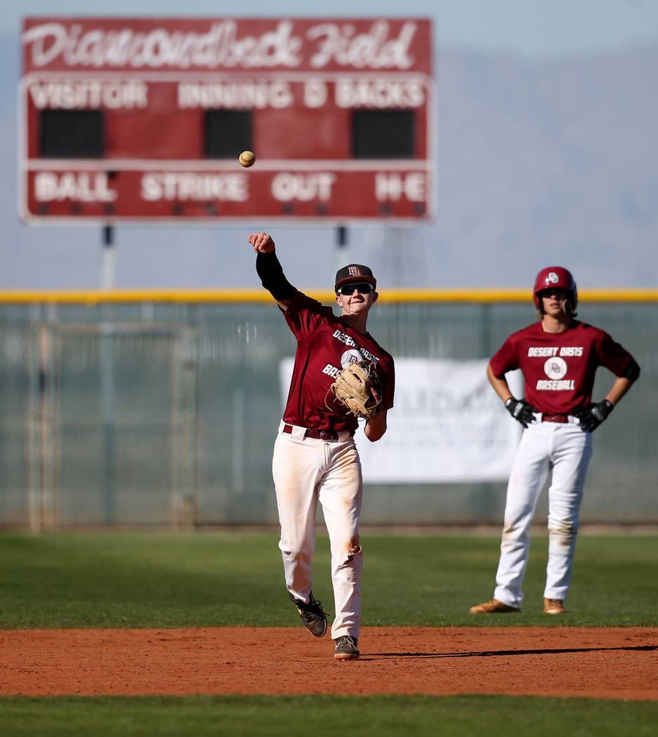 Desert Oasis shortstop Colby Smith tosses the ball in during batting practice at the school in ...