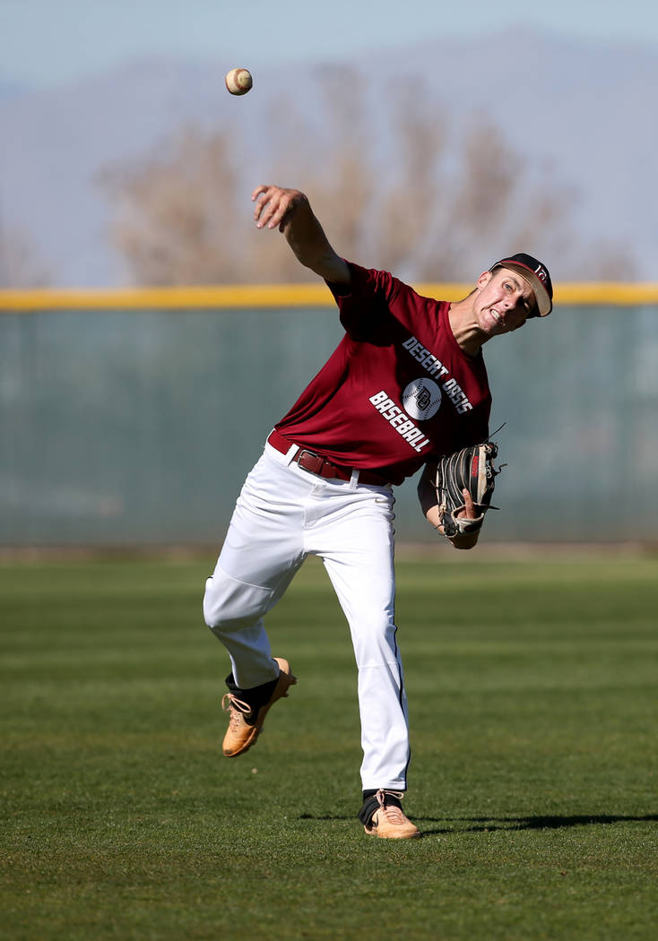 Desert Oasis pitcher Tyler Stott tosses the ball in during batting practice at the school in La ...