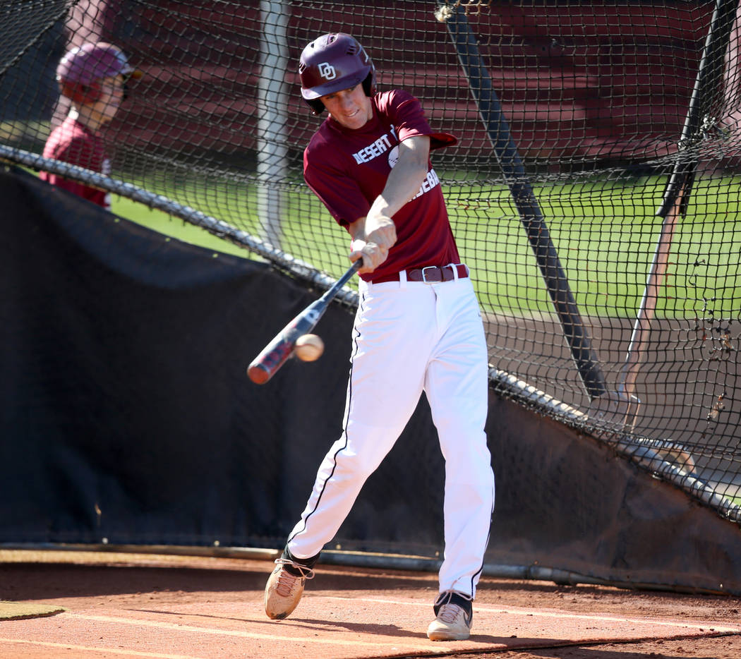 Desert Oasis Tyler Stott takes batting practice at the school in Las Vegas Wednesday, March 4, ...