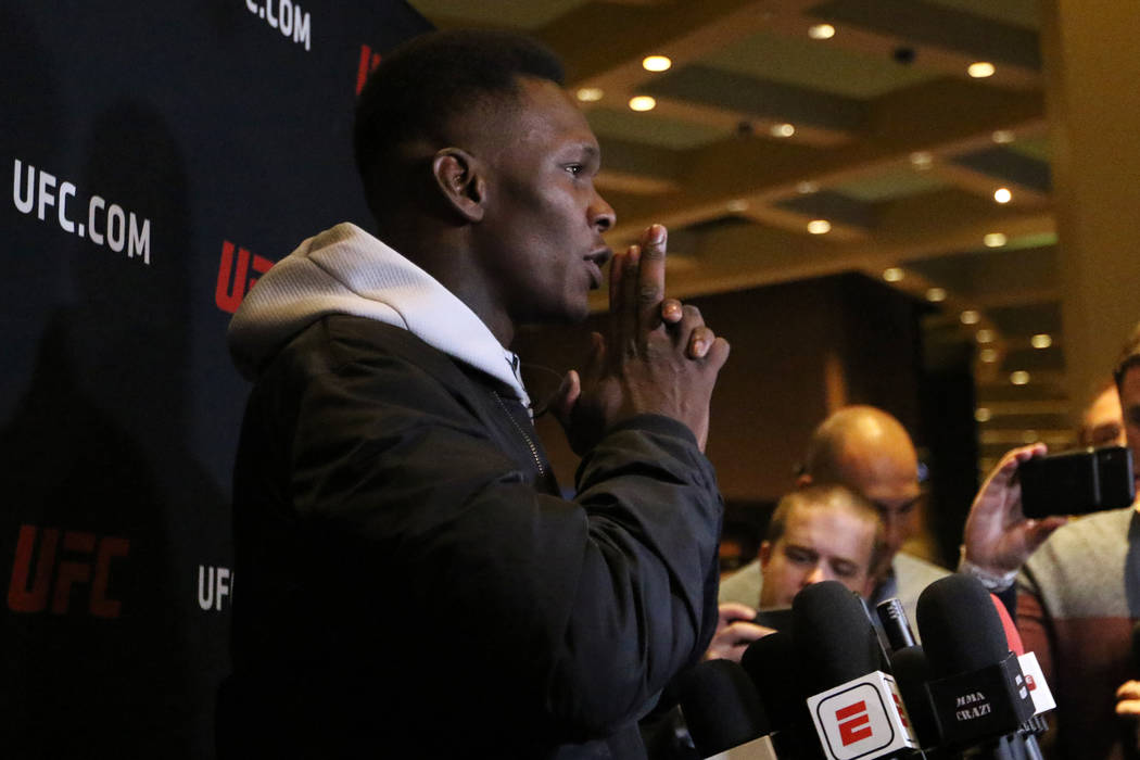 UFC middleweight champion Israel Adesanya speaks during a press conference at the UFC 248 open ...