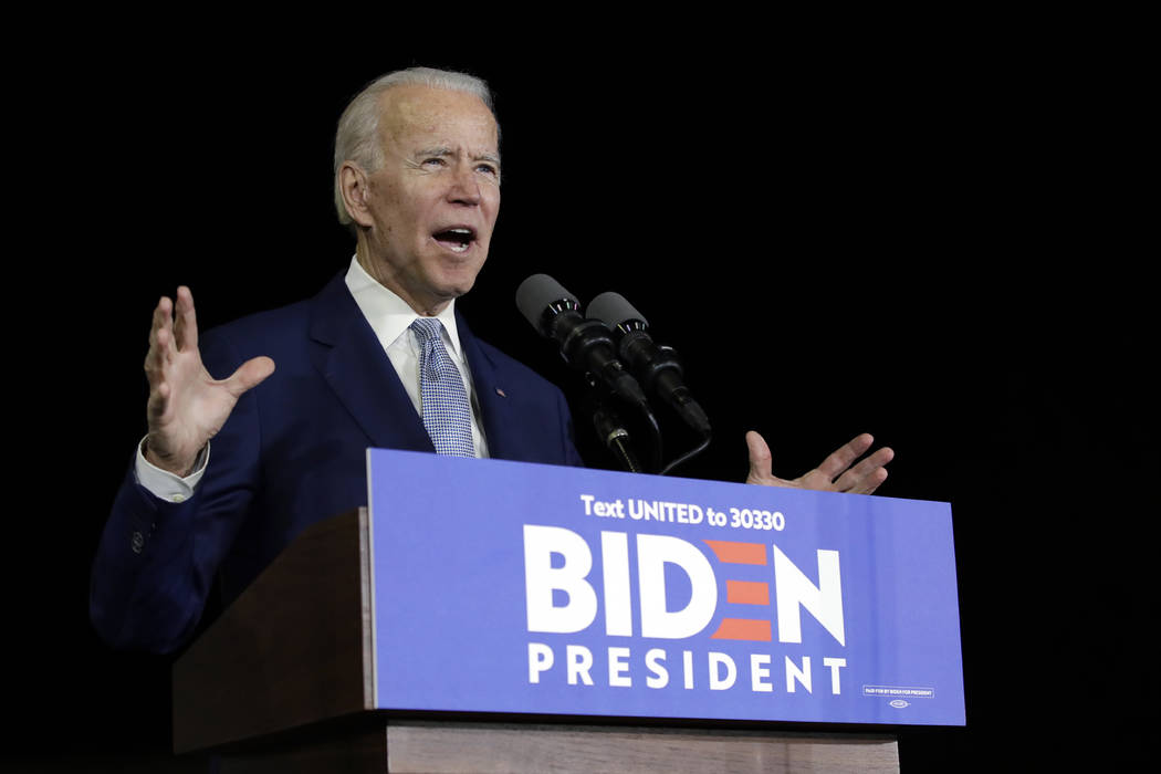 Democratic presidential candidate former Vice President Joe Biden speaks during a primary elect ...