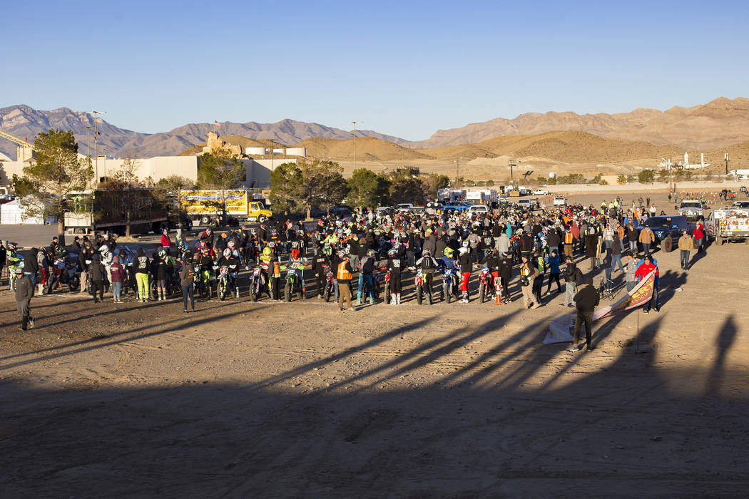 Racers line up for the Mint 400 motorcycle race, the first one since 1976, in Primm, Nevada, Sa ...