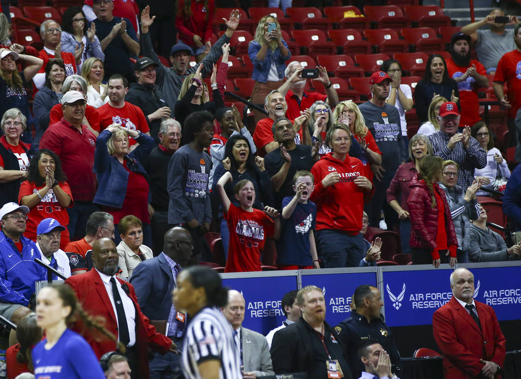 Fresno State Bulldogs fans celebrate as Fresno State's Haley Cavinder, not pictured, scores to ...