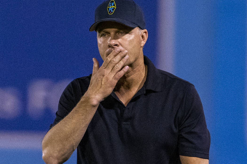 Las Vegas Lights FC head coach Eric Wynalda is in thought on the sidelines during their game ve ...