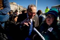 Senate Minority Leader Sen. Chuck Schumer of N.Y. arrives to speak to abortion rights demonstra ...