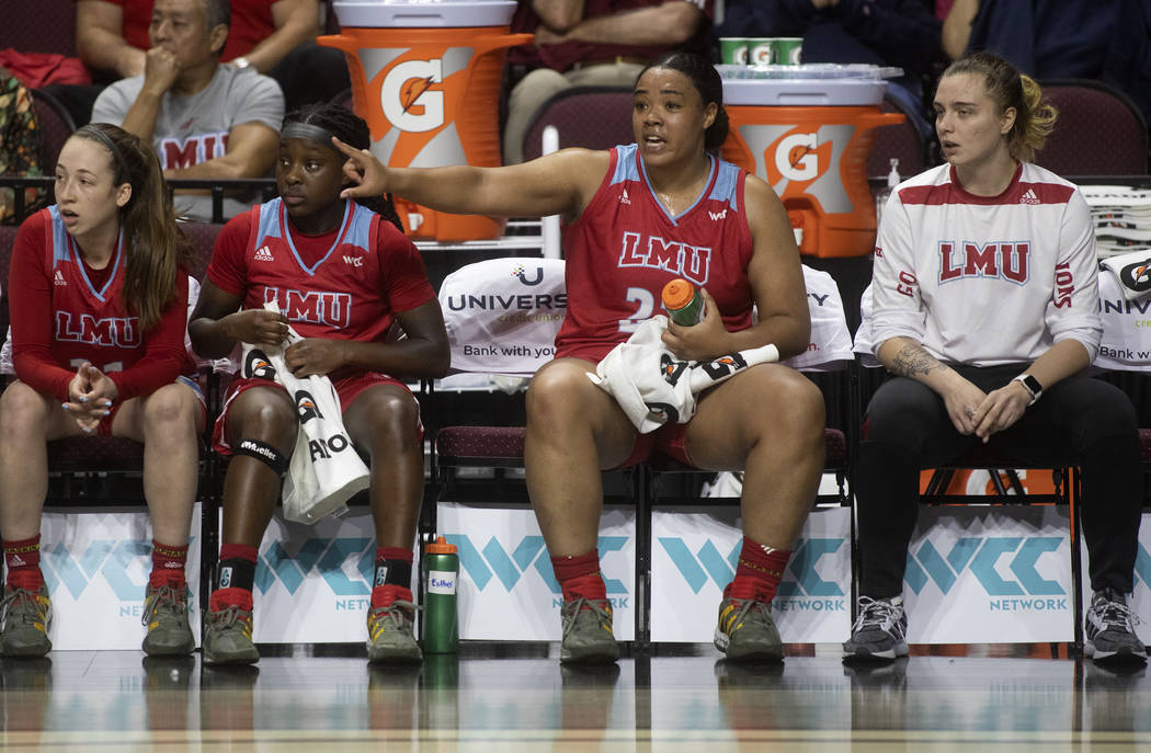 Loyola Marymount's center Raychel Stanley (22) shouts to her teammates from the bench during th ...