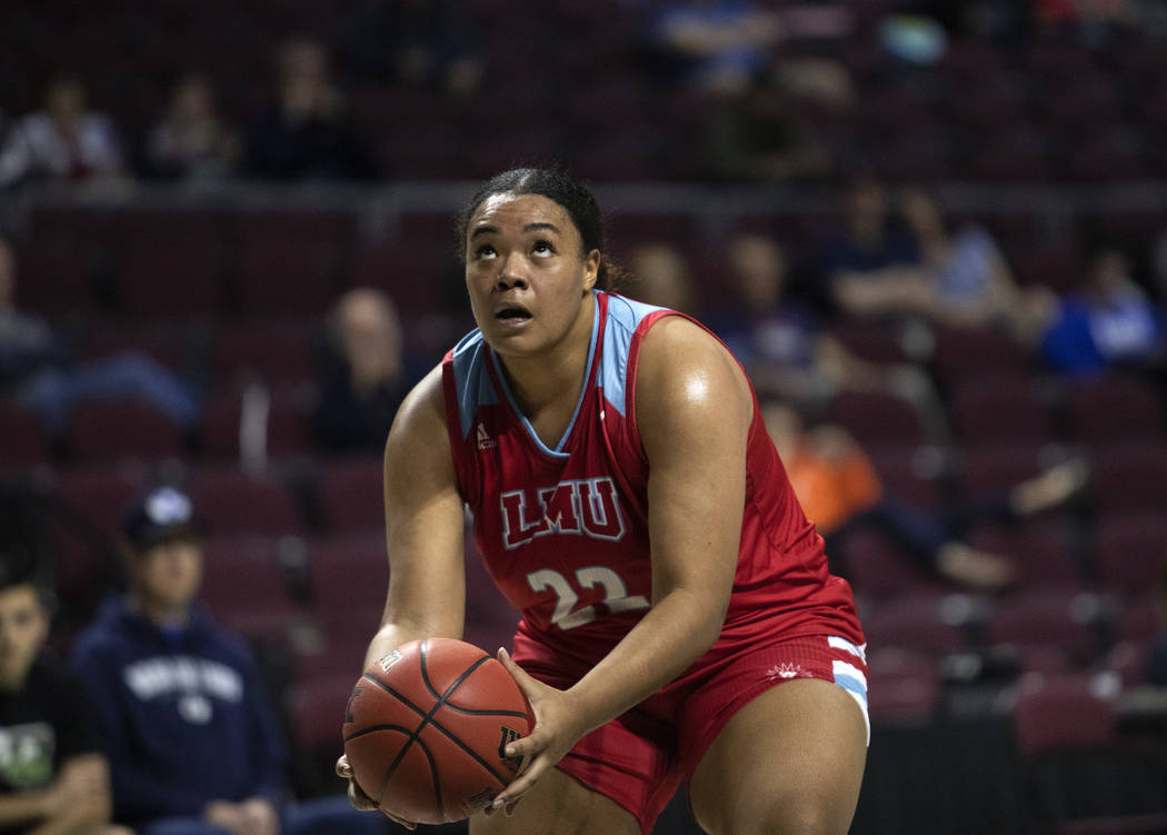 Loyola Marymount's center Raychel Stanley (22) eyes the hoop during the first round of the WCC ...