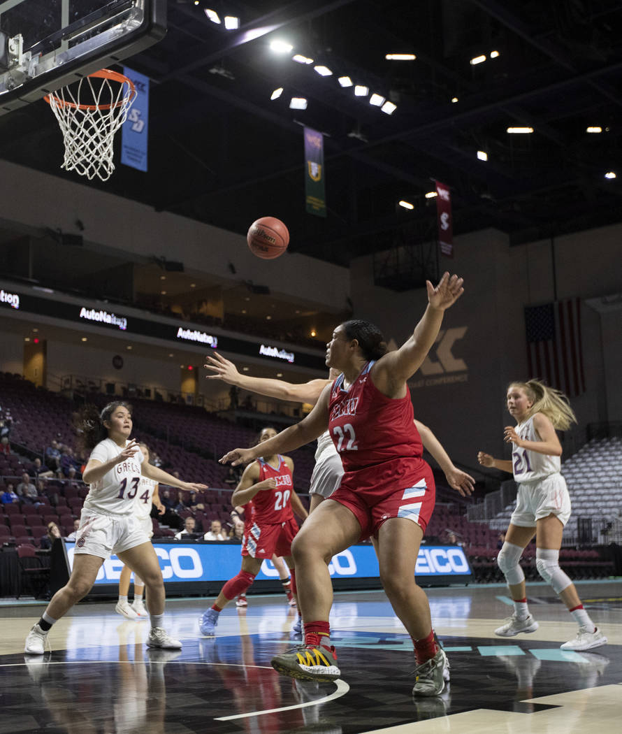 Loyola Marymount's center Raychel Stanley (22) blocks the ball during the first round of the WC ...