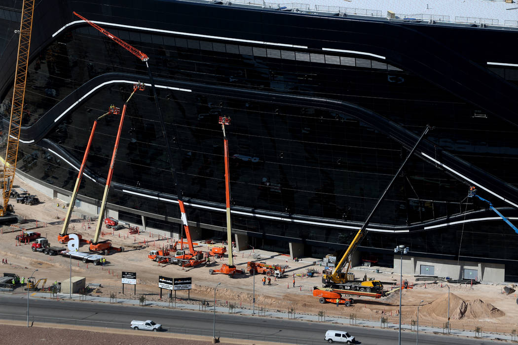 The Raiders Allegiant Stadium in Las Vegas before the stadium sign is installed, Thursday, Marc ...