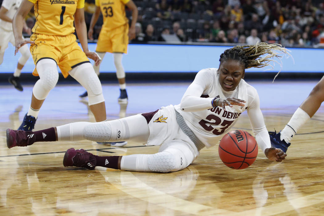 Arizona State's Iris Mbulito (23) is fouled by a California player during the second half of an ...