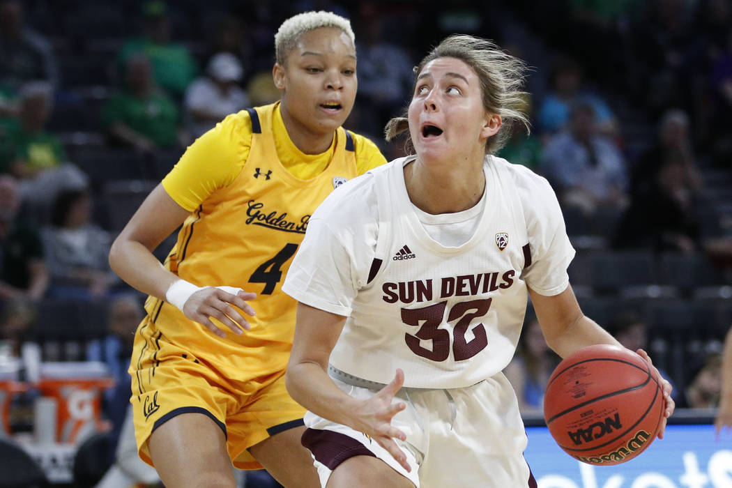 Arizona State's Jayde Van Hyfte (32) shoots around California's Alaysia Styles (4) during the f ...