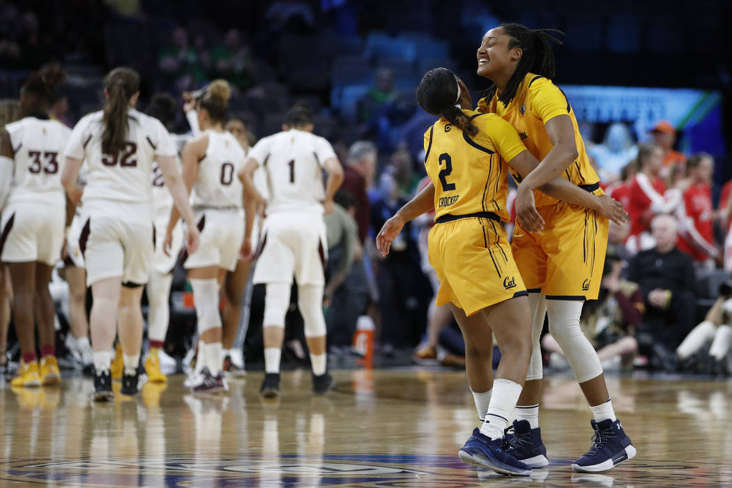 California's Cailyn Crocker (2) and Jaelyn Brown celebrate after defeating Arizona State in an ...