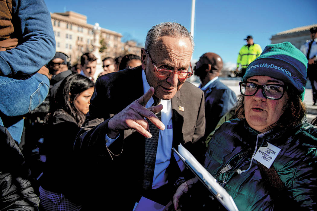 Senate Minority Leader Sen. Chuck Schumer of N.Y. arrives to speak to abortion rights demonstra ...