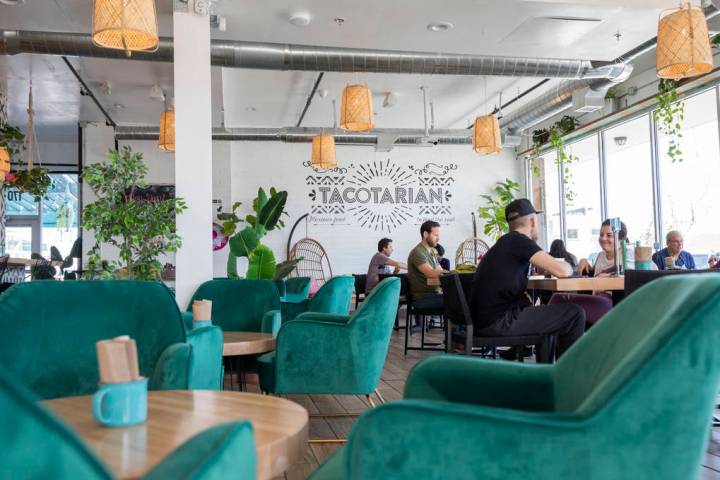 Customers eat at Tacotarian in the Arts District in Las Vegas on Thursday, March 5, 2020. (Eliz ...