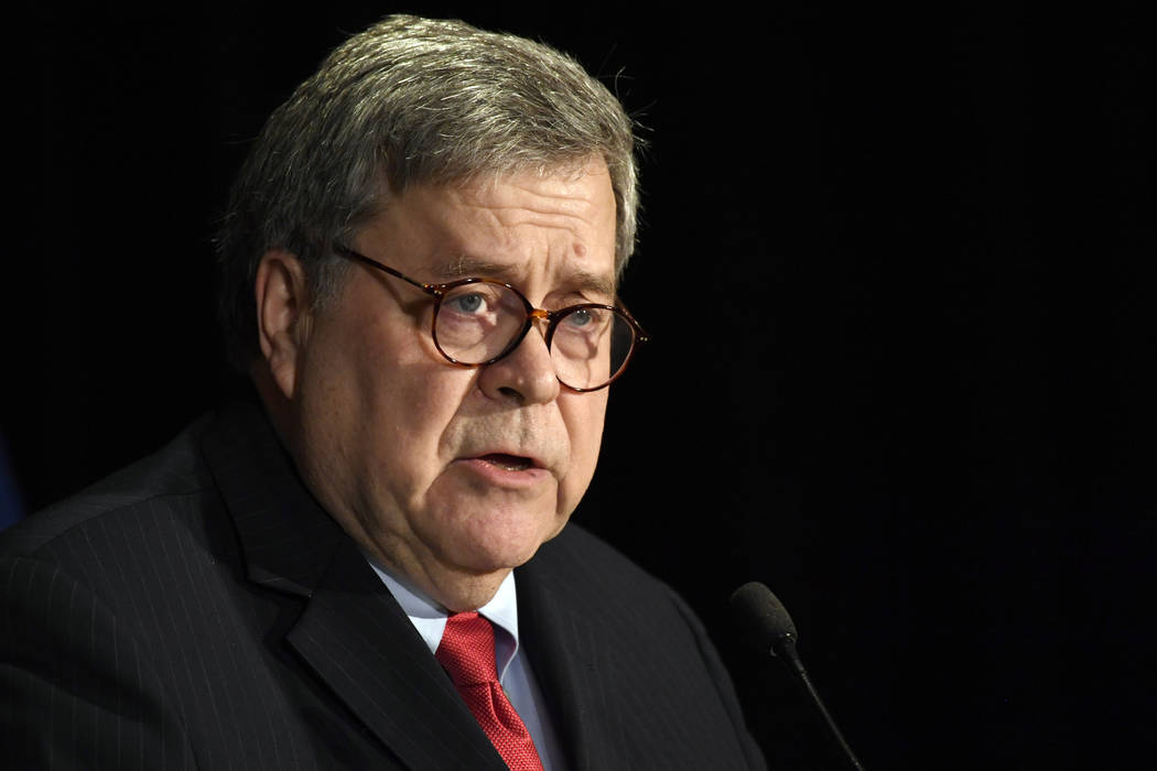 FILE - In this Feb. 10, 2020, file photo, Attorney General William Barr speaks at the National ...