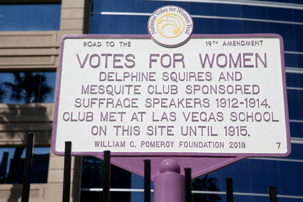 A Votes for Women marker at Centennial Plaza adjacent to the Historic Fifth Street School in do ...