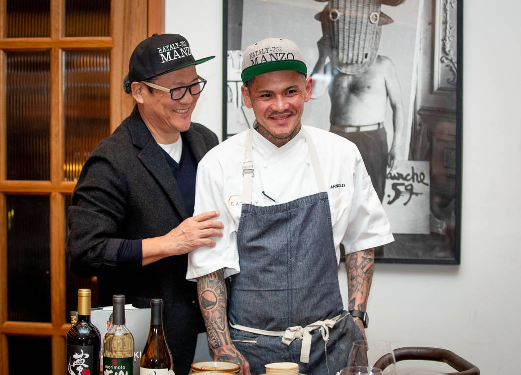 Masaharu Morimoto (left) and Manzo's Arnold Corpuz at Manzo's Guest Chef Series (Erik Kabik/Kab ...