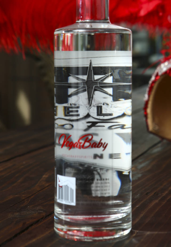 The back side of bottle of Vegas Baby Vodka, showing an inner label with a picture, in Las Vega ...