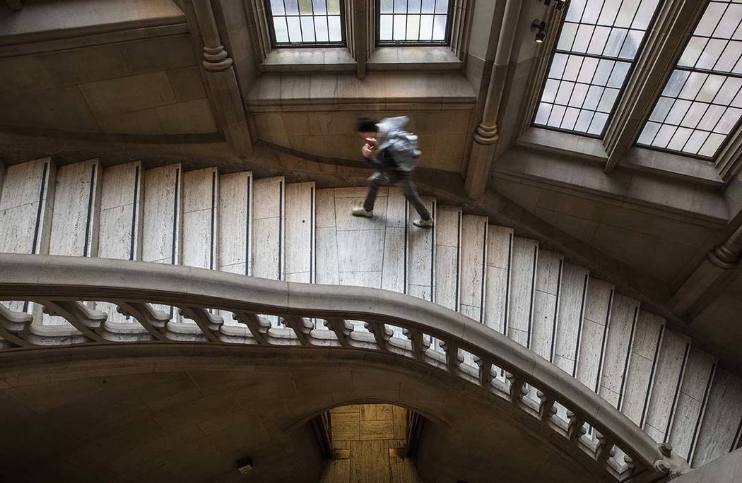 A stairway at the University of Washington's Suzzallo library Friday, March 6, 2020., after in- ...