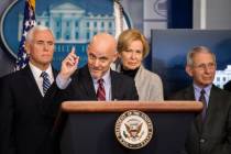 U.S. Food and Drug Administration Commissioner Stephen Hahn, with, from left, Vice President Mi ...