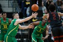 Oregon guard Payton Pritchard (3) steals the ball from Stanford guard Bryce Wills (2) during th ...