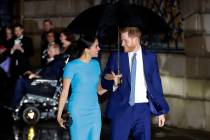 In a Thursday, March 5, 2020, file photo, Britain's Prince Harry and Meghan, the Duke and Duche ...