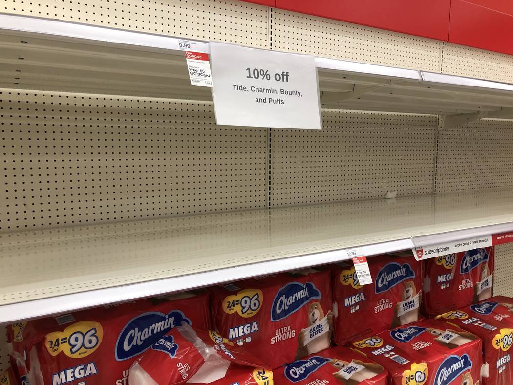 Empty shelves are seen at Target at 350 West Lake Mead Parkway in Henderson on Monday, March 9, ...