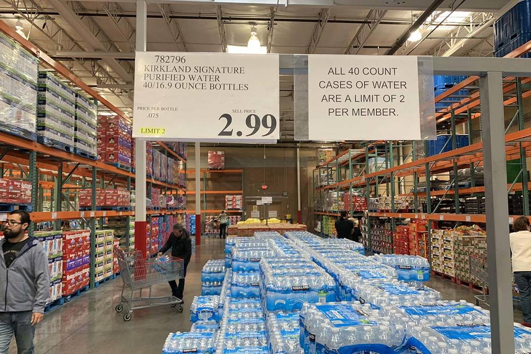 Signs advise of the limits on how many cases of bottled water can be purchased at Costco at 655 ...