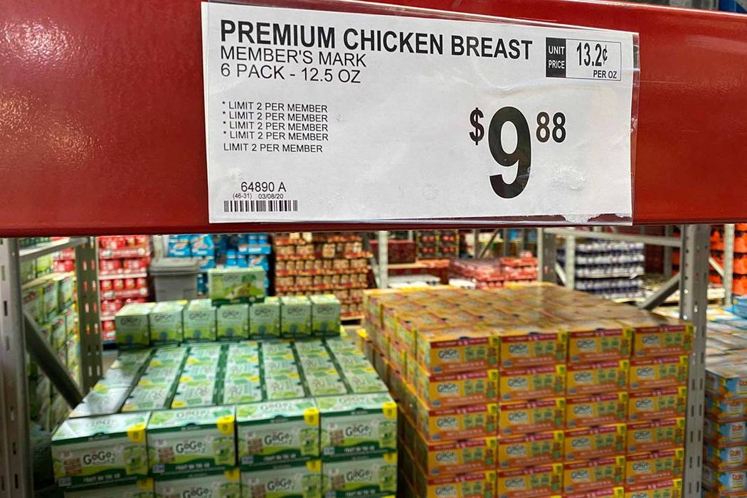 A sign shows limits on some food items at Sam’s Club at 1910 E. Serene Ave. in Las Vegas, Mar ...
