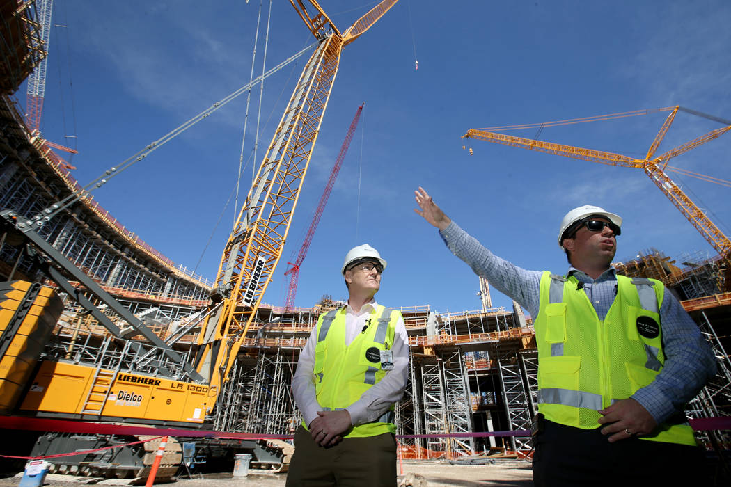 Vice President of Construction Nick Tomasino, right, speaks on the main stage inside the MSG Sp ...