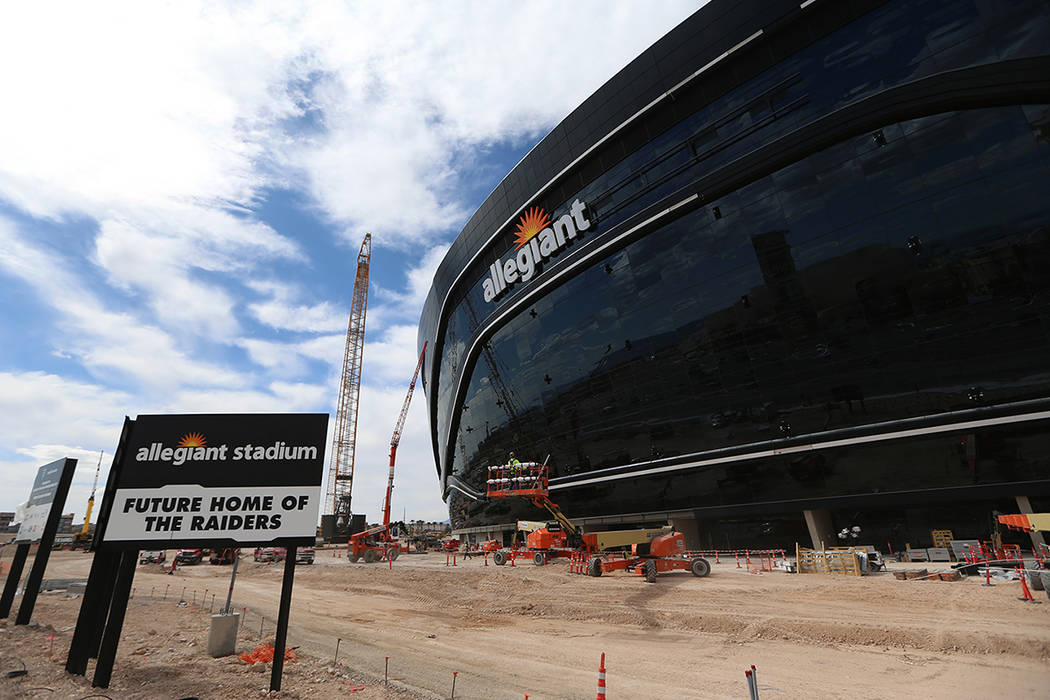 The newly installed signage at the Raiders Allegiant Stadium in Las Vegas, Saturday, March 7, 2 ...